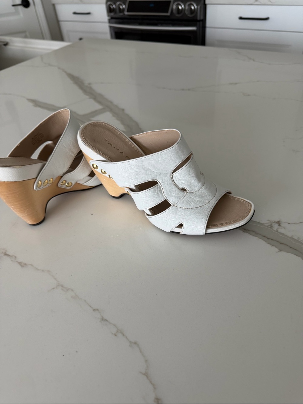 Elie Tahari White Leather Cutout Wedge Mules with Wood-Tone Heel
